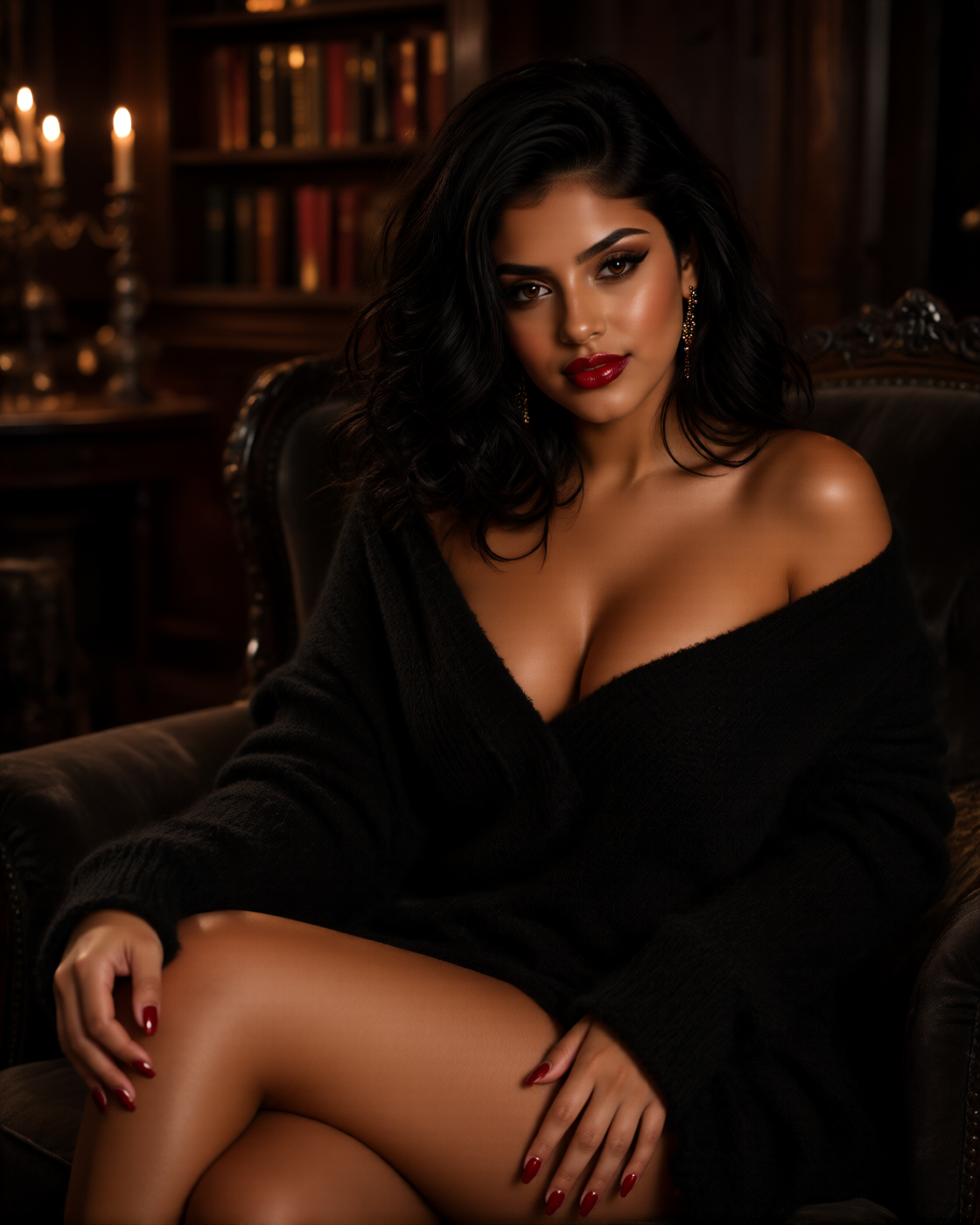 Condesa Escarlata in contemporary black attire inside an old candlelit room
